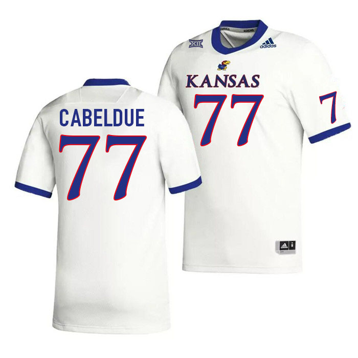 Men #77 Bryce Cabeldue Kansas Jayhawks College Football Jerseys Stitched Sale-White - Click Image to Close